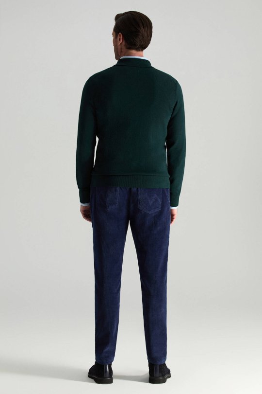 Merino Yünü Polo Yaka Yarım Fermuarlı Koyu Yeşil Triko Kazak