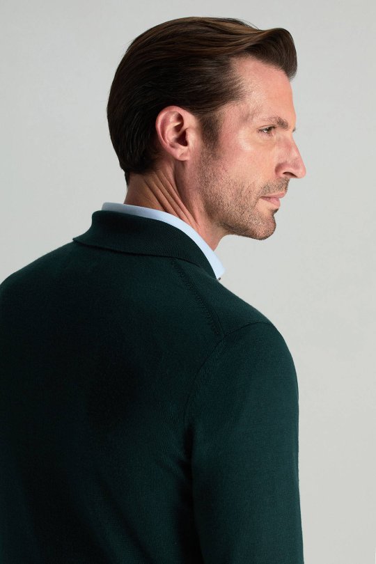 Merino Yünü Polo Yaka Yarım Fermuarlı Koyu Yeşil Triko Kazak