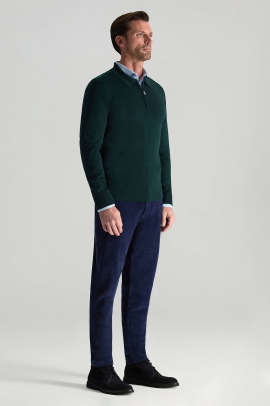 Merino Yünü Polo Yaka Yarım Fermuarlı Koyu Yeşil Triko Kazak