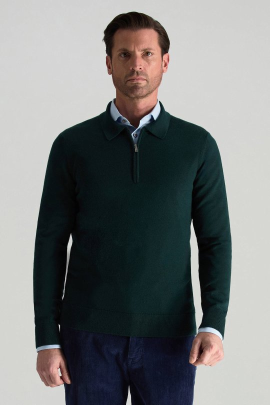 Merino Yünü Polo Yaka Yarım Fermuarlı Koyu Yeşil Triko Kazak