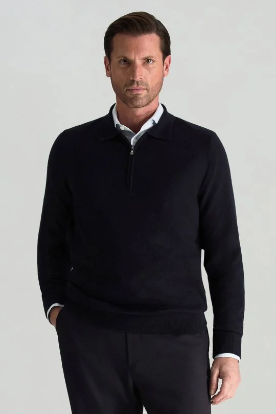 Hemington - Merino Yünü Polo Yaka Yarım Fermuarlı Lacivert Triko Kazak (1)