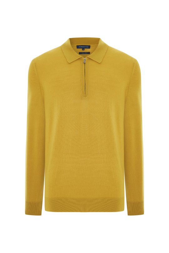 Merino Yünü Polo Yaka Yarım Fermuarlı Sarı Triko Kazak