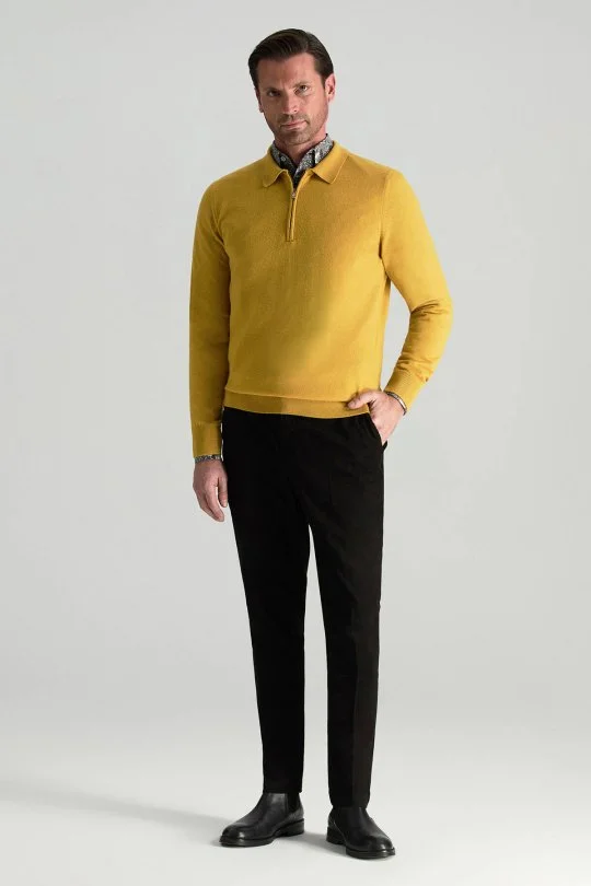 Hemington - Merino Yünü Polo Yaka Yarım Fermuarlı Sarı Triko Kazak (1)