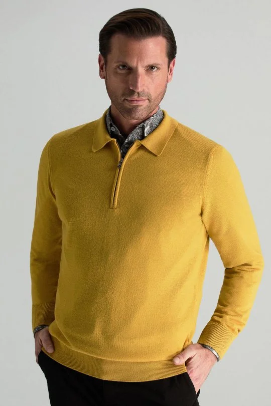 Hemington - Merino Yünü Polo Yaka Yarım Fermuarlı Sarı Triko Kazak