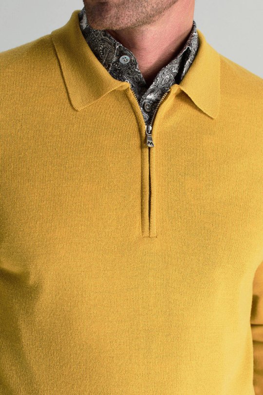 Merino Yünü Polo Yaka Yarım Fermuarlı Sarı Triko Kazak
