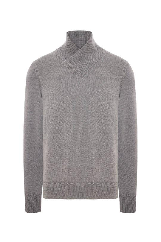 Merino Yünü Şal Yaka Açık Gri Triko Kazak