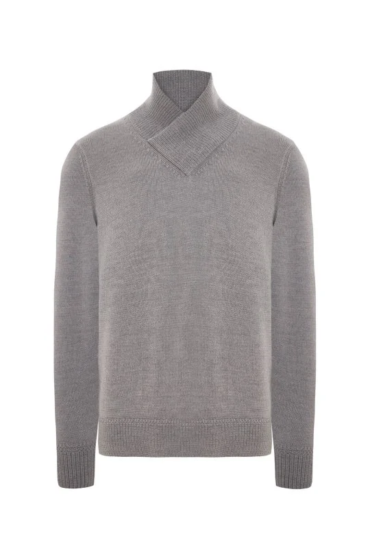 Hemington - Merino Yünü Şal Yaka Açık Gri Triko Kazak (6)