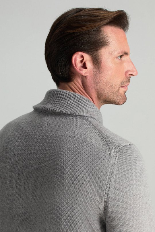 Merino Yünü Şal Yaka Açık Gri Triko Kazak