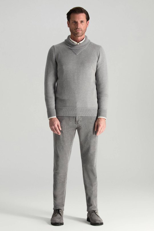 Merino Yünü Şal Yaka Açık Gri Triko Kazak