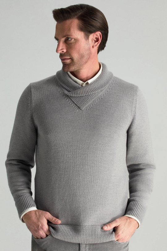 Merino Yünü Şal Yaka Açık Gri Triko Kazak