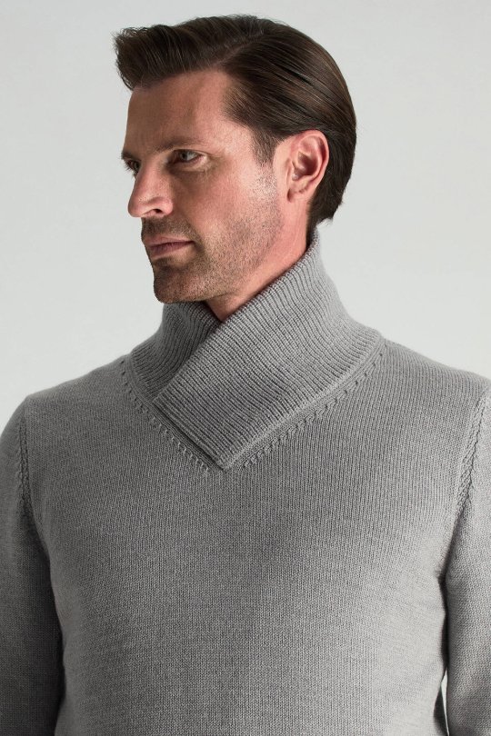 Merino Yünü Şal Yaka Açık Gri Triko Kazak