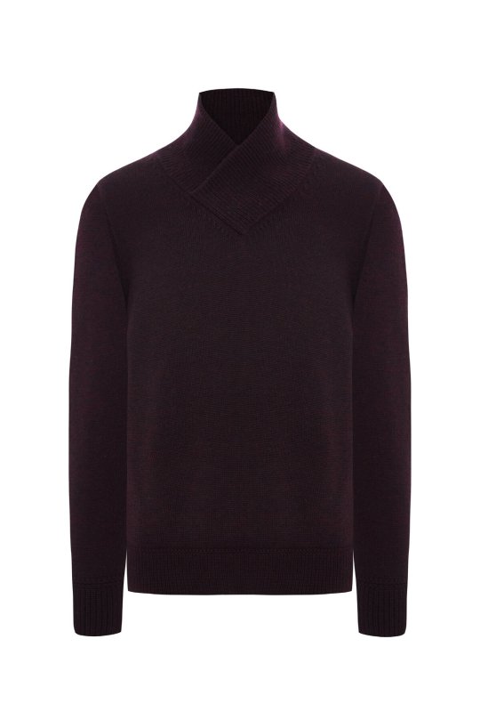 Merino Yünü Şal Yaka Bordo Triko Kazak