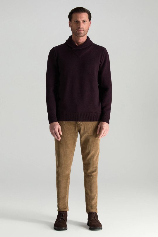 Merino Yünü Şal Yaka Bordo Triko Kazak