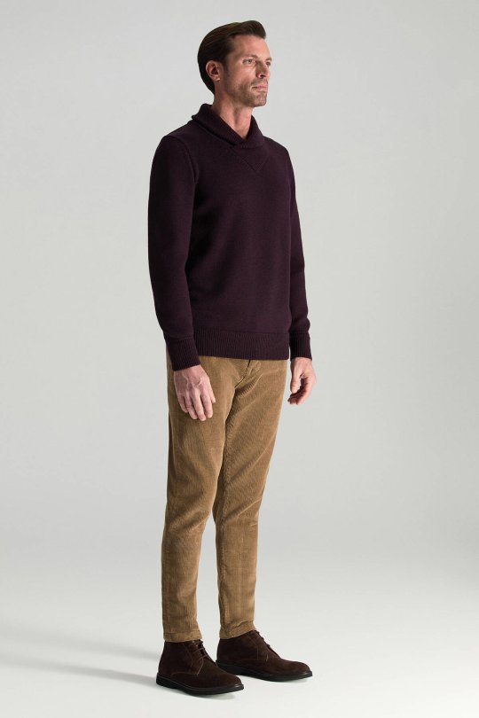 Merino Yünü Şal Yaka Bordo Triko Kazak