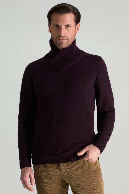 Merino Yünü Şal Yaka Bordo Triko Kazak