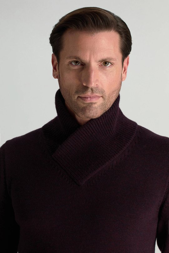 Merino Yünü Şal Yaka Bordo Triko Kazak