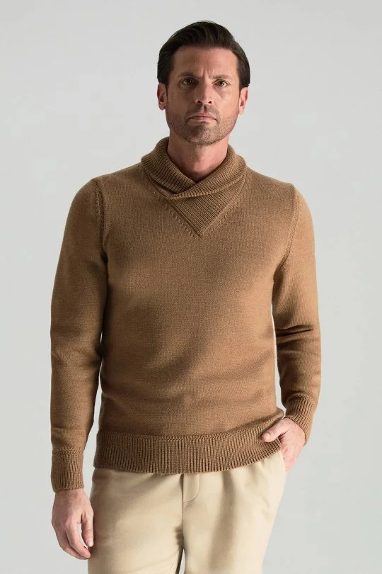 Hemington - Merino Yünü Şal Yaka Camel Triko Kazak