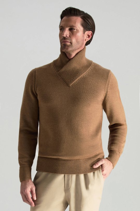 Merino Yünü Şal Yaka Camel Triko Kazak