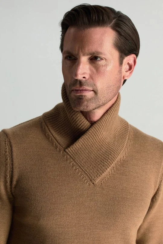 Hemington - Merino Yünü Şal Yaka Camel Triko Kazak (3)