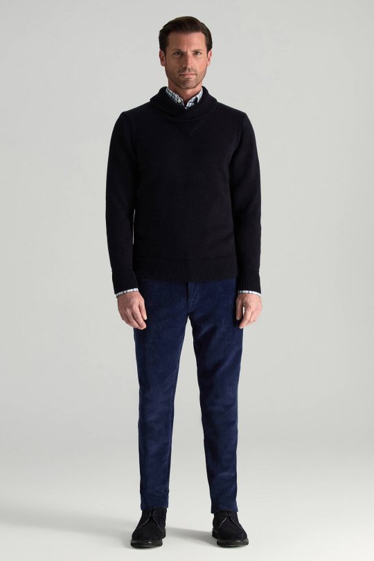 Merino Yünü Şal Yaka Lacivert Triko Kazak