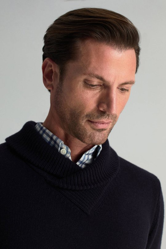 Merino Yünü Şal Yaka Lacivert Triko Kazak