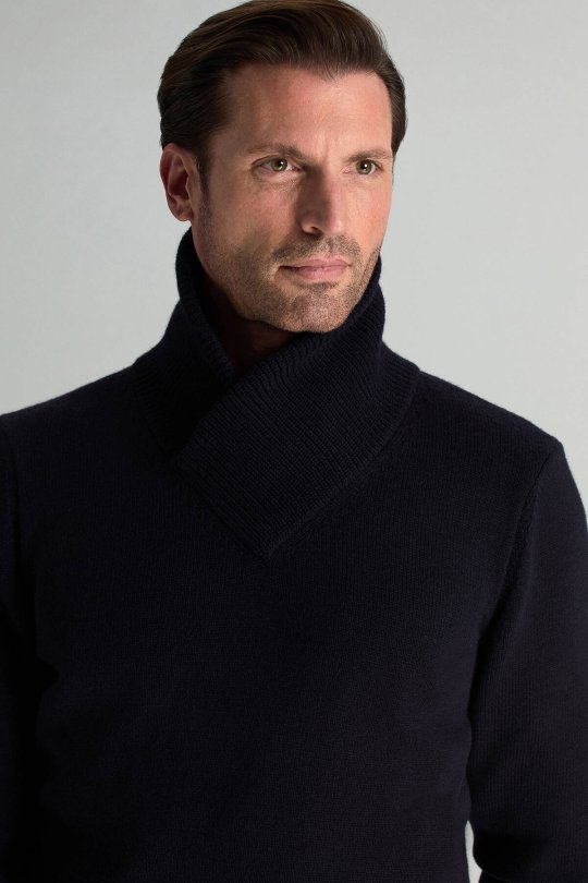 Merino Yünü Şal Yaka Lacivert Triko Kazak