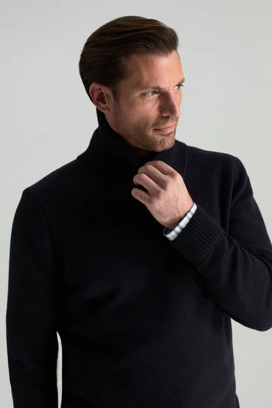 Hemington - Merino Yünü Şal Yaka Lacivert Triko Kazak (3)