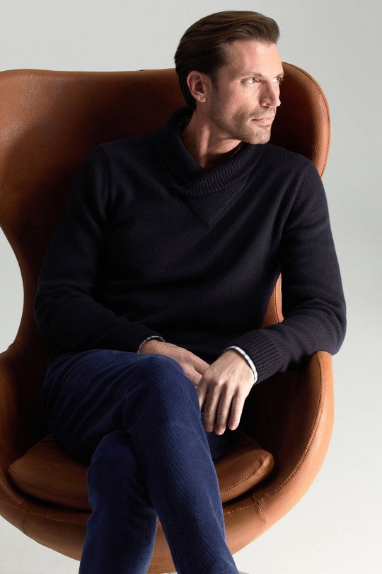 Merino Yünü Şal Yaka Lacivert Triko Kazak