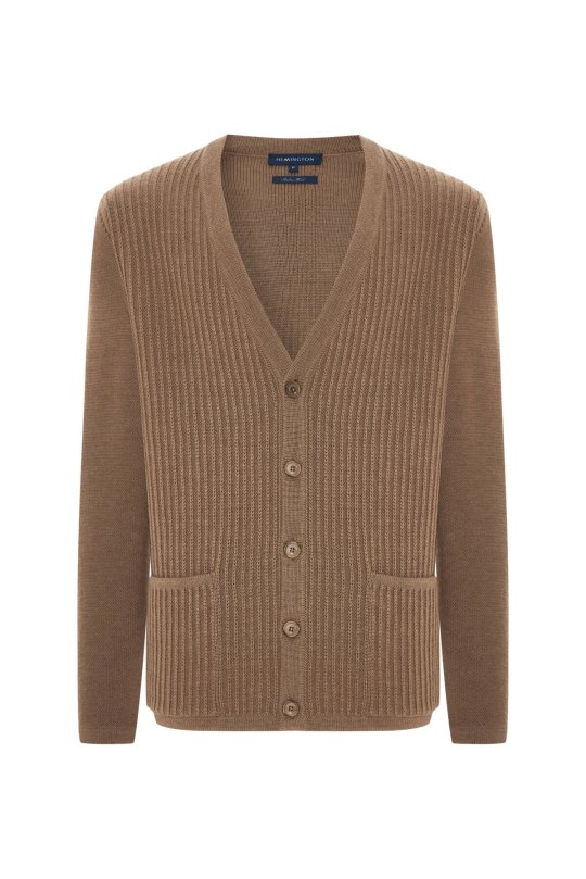 Merino Yünü Şerit Desenli Camel Triko Hırka