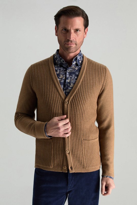 Merino Yünü Şerit Desenli Camel Triko Hırka