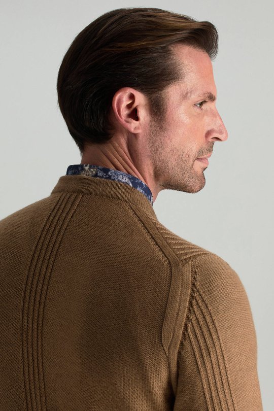 Merino Yünü Şerit Desenli Camel Triko Hırka