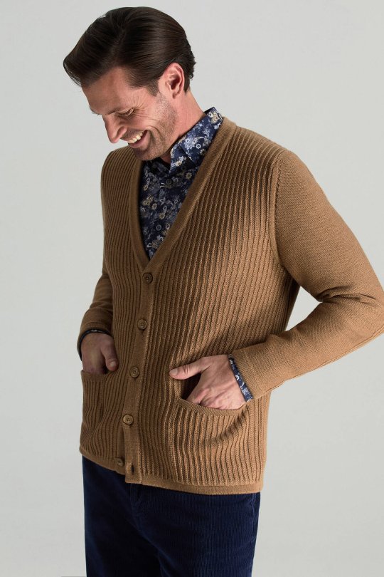 Merino Yünü Şerit Desenli Camel Triko Hırka