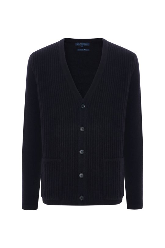 Merino Yünü Şerit Desenli Lacivert Triko Hırka