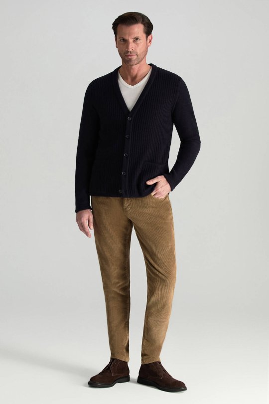 Merino Yünü Şerit Desenli Lacivert Triko Hırka