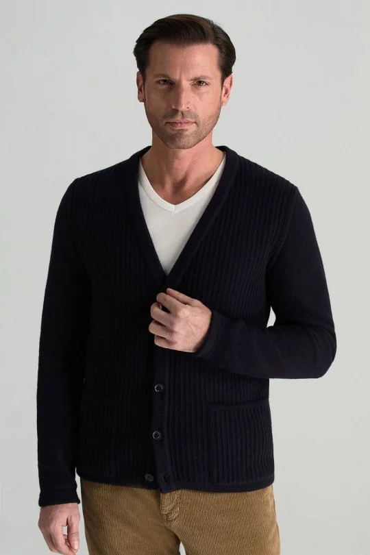 Hemington - Merino Yünü Şerit Desenli Lacivert Triko Hırka (2)