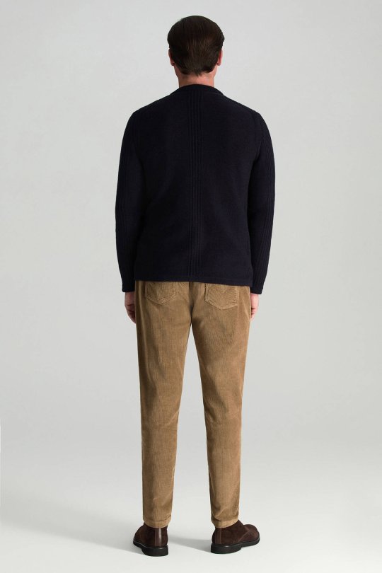 Merino Yünü Şerit Desenli Lacivert Triko Hırka