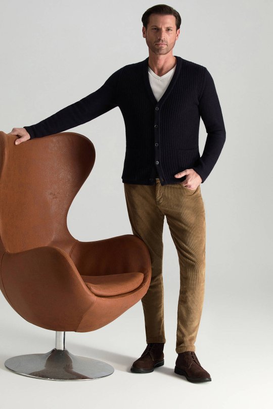 Merino Yünü Şerit Desenli Lacivert Triko Hırka