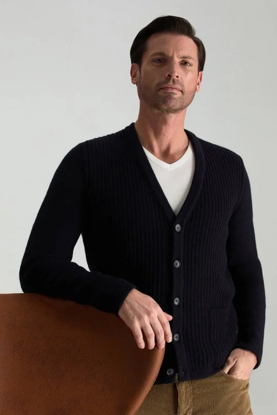 Hemington - Merino Yünü Şerit Desenli Lacivert Triko Hırka