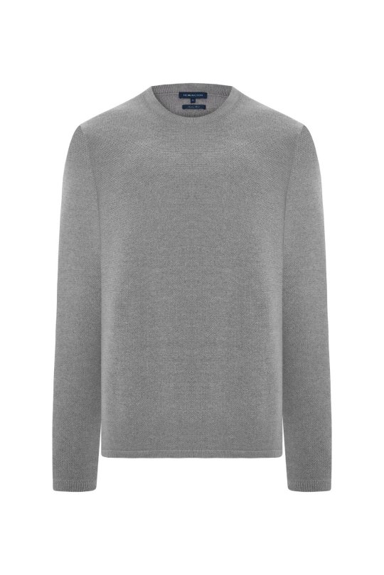 Merino Yünü Şerit Detaylı Bisiklet Yaka Açık Gri Triko Kazak