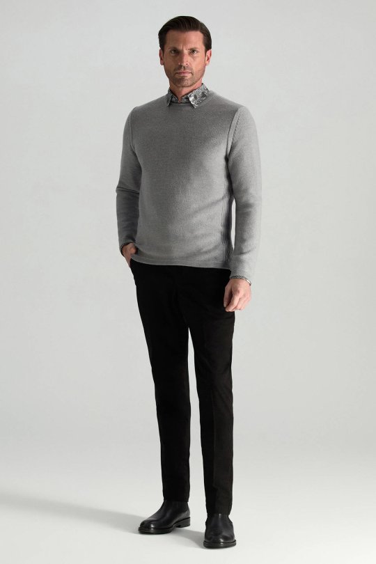 Merino Yünü Şerit Detaylı Bisiklet Yaka Açık Gri Triko Kazak