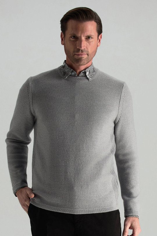 Merino Yünü Şerit Detaylı Bisiklet Yaka Açık Gri Triko Kazak