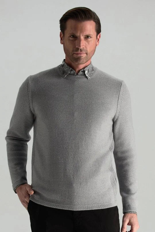 Hemington - Merino Yünü Şerit Detaylı Bisiklet Yaka Açık Gri Triko Kazak (3)