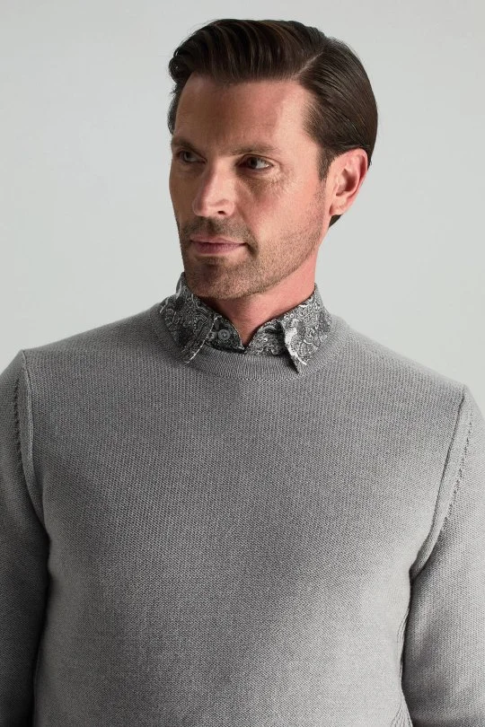 Hemington - Merino Yünü Şerit Detaylı Bisiklet Yaka Açık Gri Triko Kazak (2)