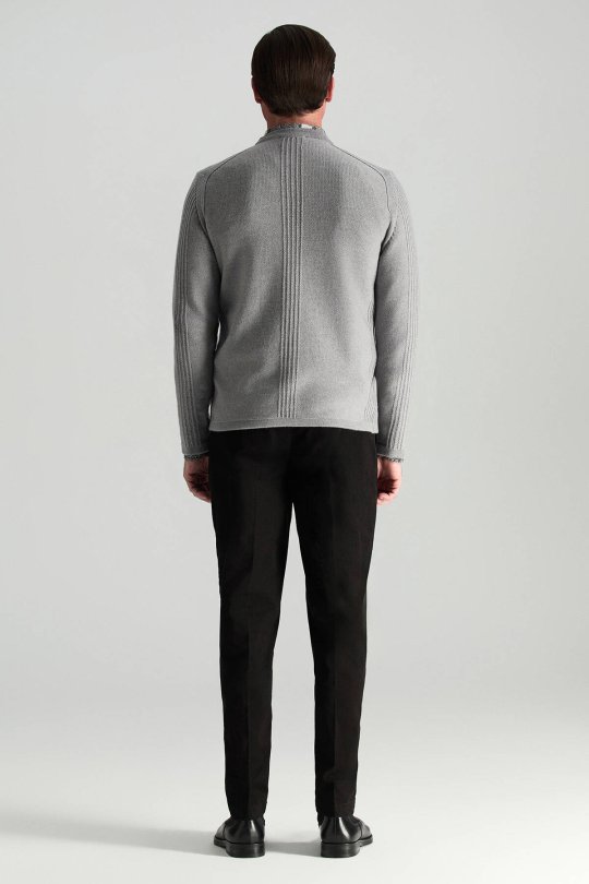 Merino Yünü Şerit Detaylı Bisiklet Yaka Açık Gri Triko Kazak