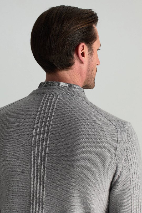 Merino Yünü Şerit Detaylı Bisiklet Yaka Açık Gri Triko Kazak