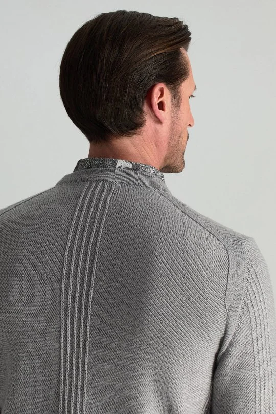 Hemington - Merino Yünü Şerit Detaylı Bisiklet Yaka Açık Gri Triko Kazak (5)