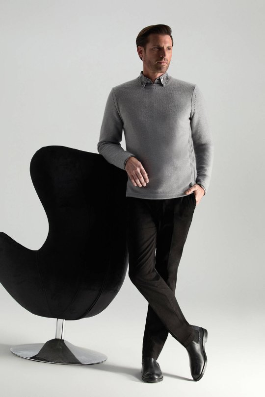 Merino Yünü Şerit Detaylı Bisiklet Yaka Açık Gri Triko Kazak