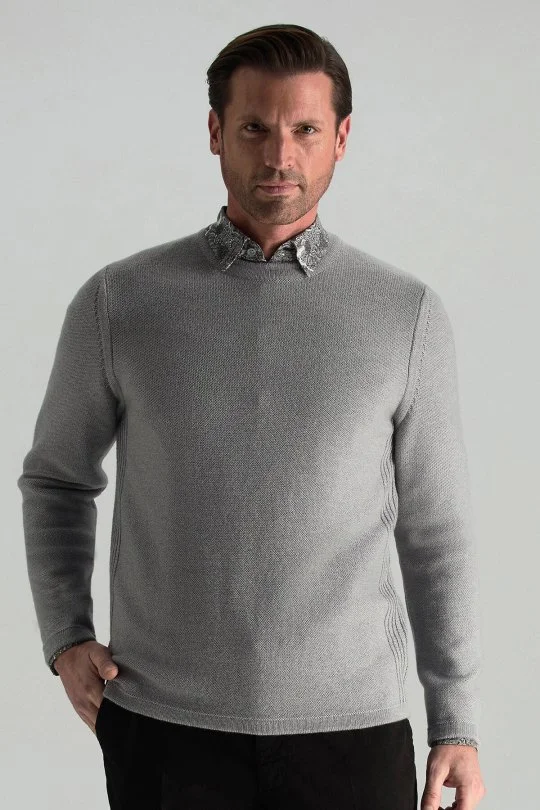 Hemington - Merino Yünü Şerit Detaylı Bisiklet Yaka Açık Gri Triko Kazak (1)