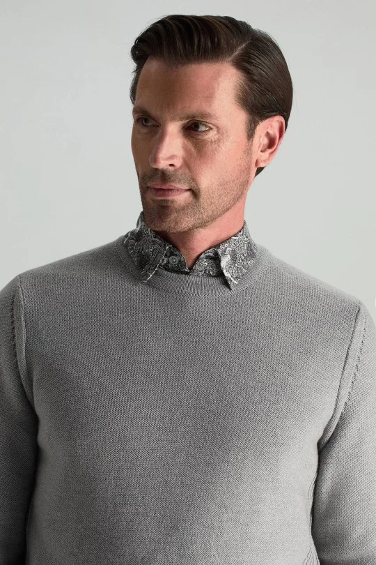 Hemington - Merino Yünü Şerit Detaylı Bisiklet Yaka Açık Gri Triko Kazak (3)