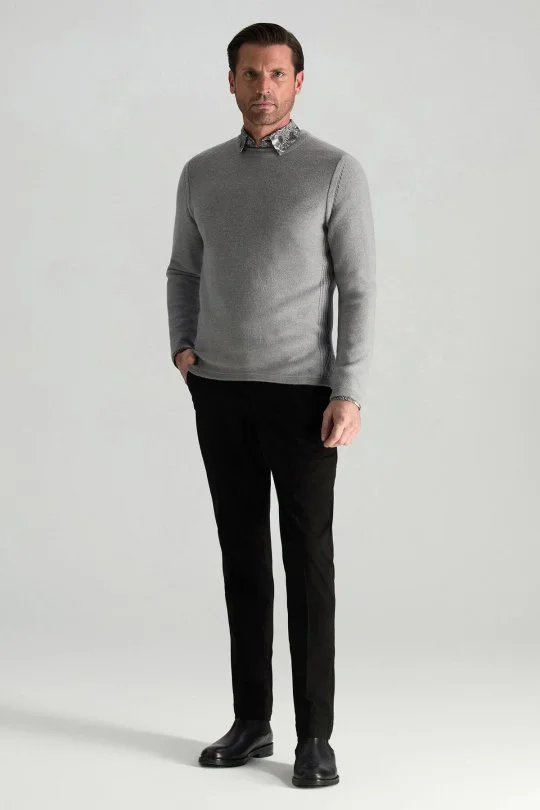 Hemington - Merino Yünü Şerit Detaylı Bisiklet Yaka Açık Gri Triko Kazak (2)